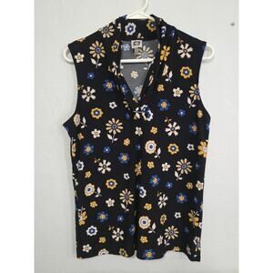 Anne Klein Women's Blouse Top Sleeveless Floral Print Black Yellow Blue White M
